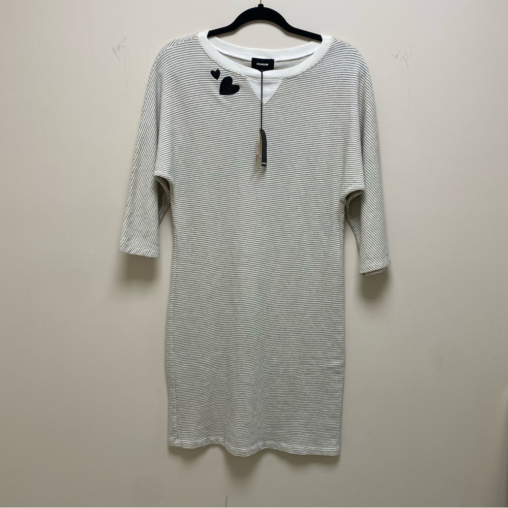 NWT Monrow Pinstripe Dolman Embroidery Hearts Midi Dress Black/Cream Small